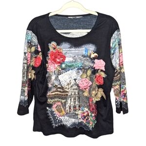 Y2K Floral Spanish European Rose Passport Travel graphic long sleeve shirt Large